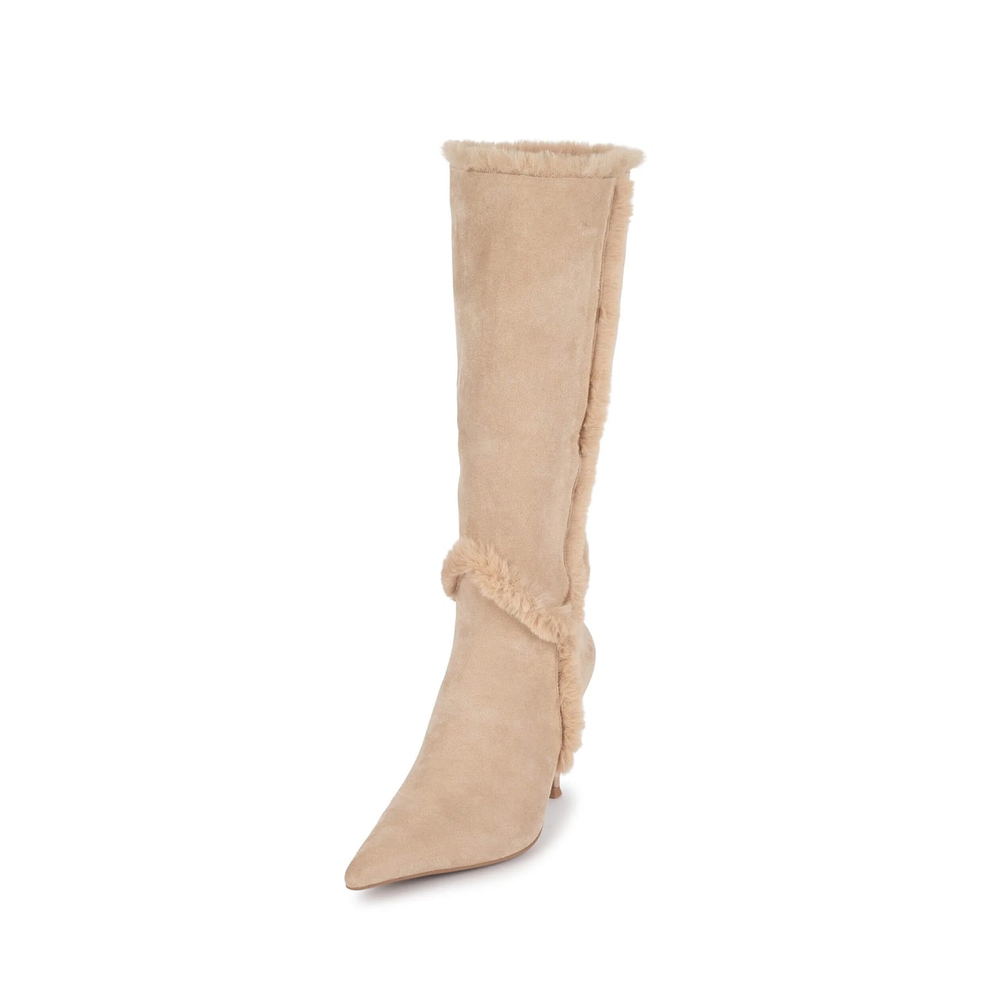 Beige Faux Suede Pointed-Toe Plush Fold-Over Knee High Stiletto Boots
