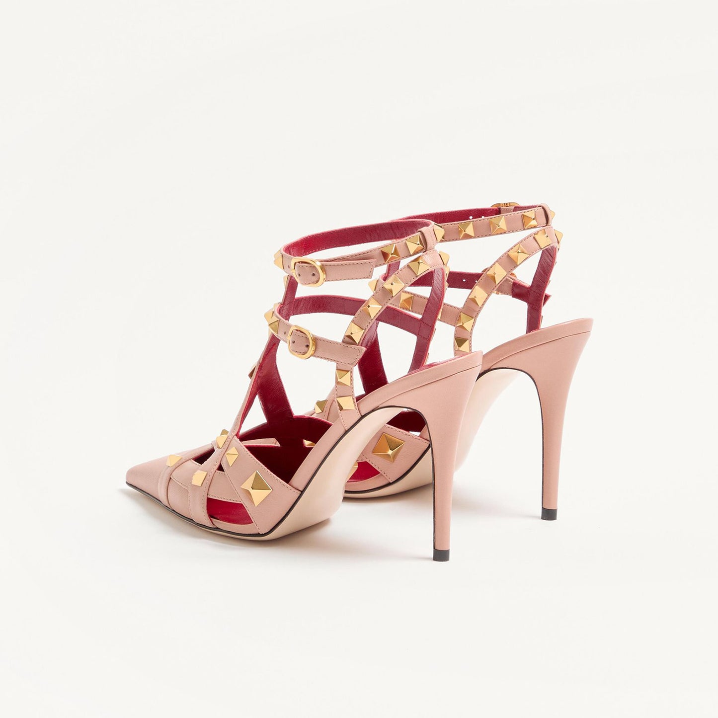 Pink Pointed-Toe Studded Strappy Ankle Strap High Heels