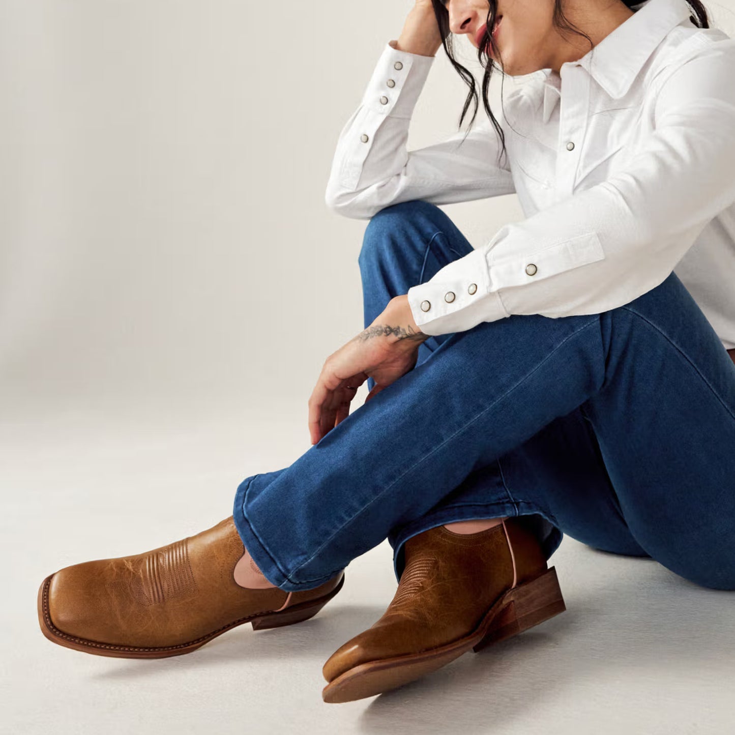 Contrast Tan And Pink Square-Toe Western Embroidery Mid Calf Cowgirl Boots