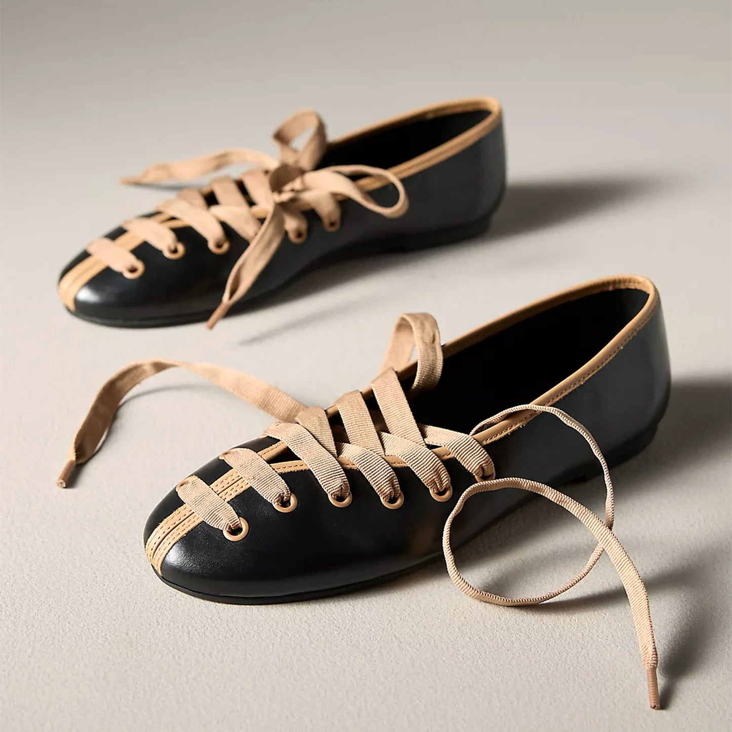Black Round-Toe Brown Lace-Up Ballet Flats
