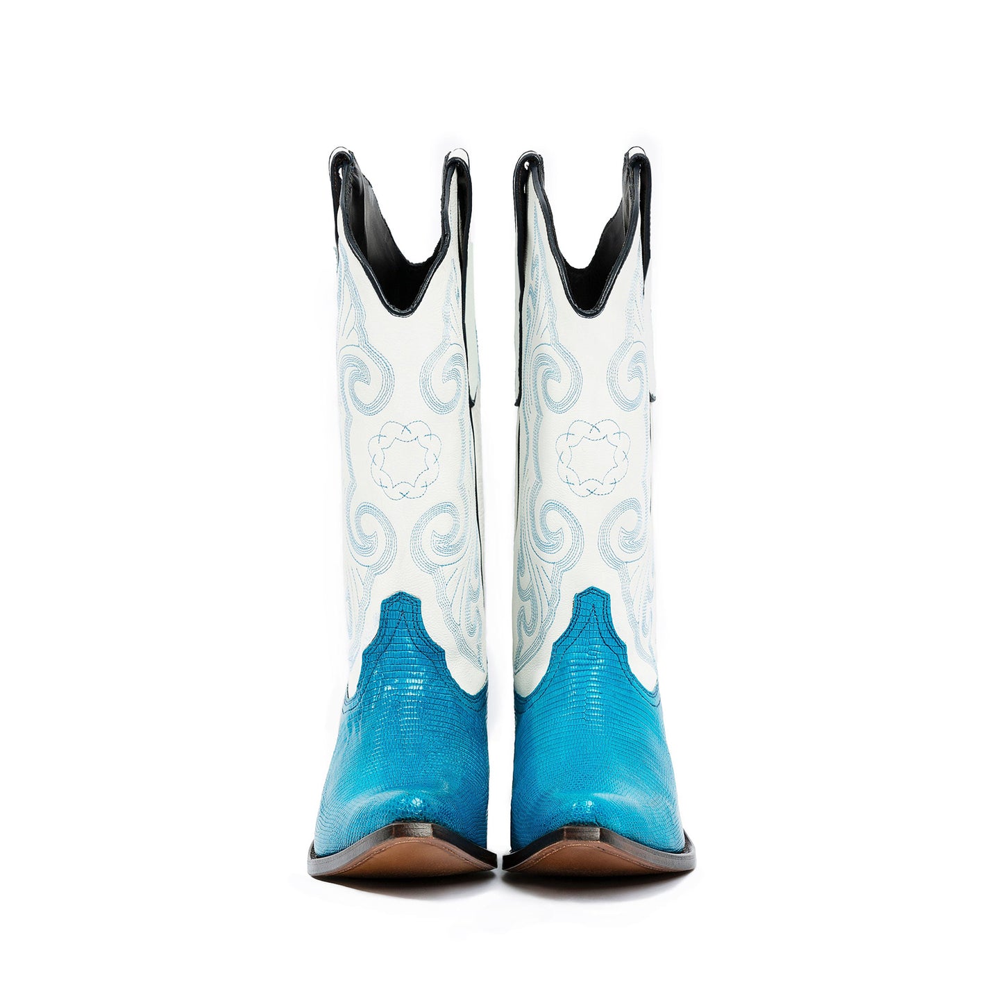 Contrast White And Blue Lizard Print Pointed-Toe Embroidery Mid Calf Cowgirl Boots