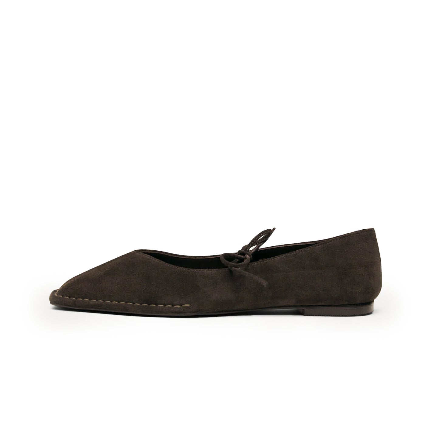 Coffee Faux Suede Square-Toe V-Cut Vamps Bridge Self-Tie Bow Ballet Flats