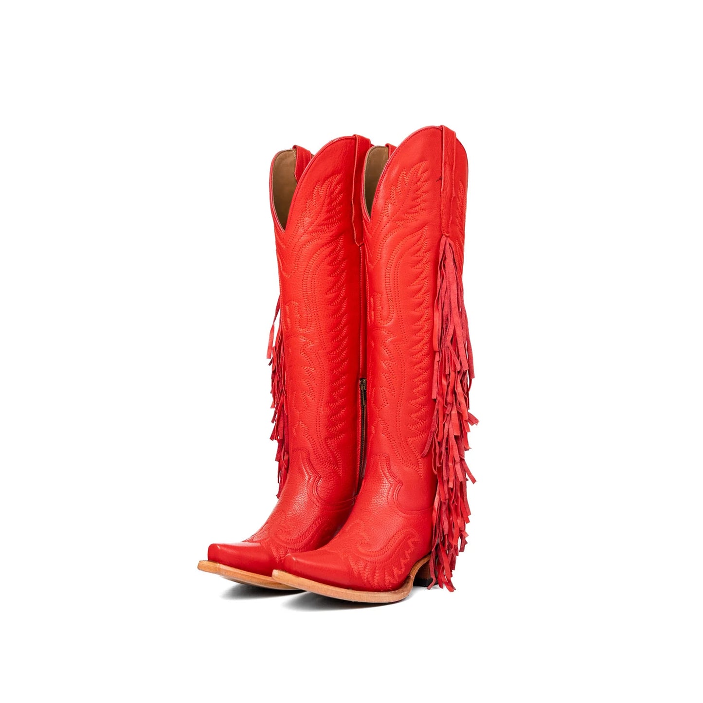 Red Snip-Toe Embroidery Side Fringe Half-Zip Knee High Cowgirl Boots