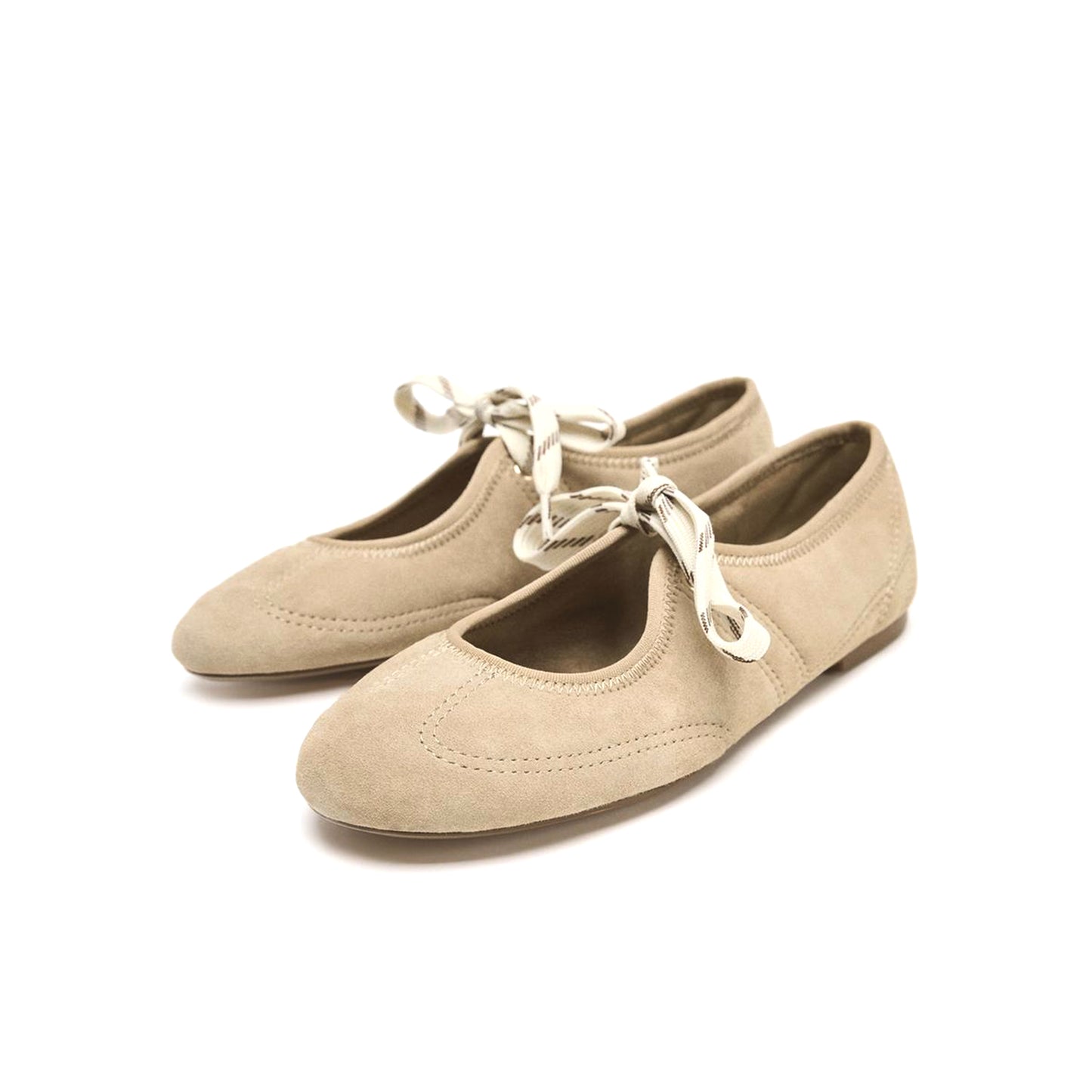 Sandy Brown Faux Suede Round-Toe Lace-up Closure Contrast Stitching Ballet Flats