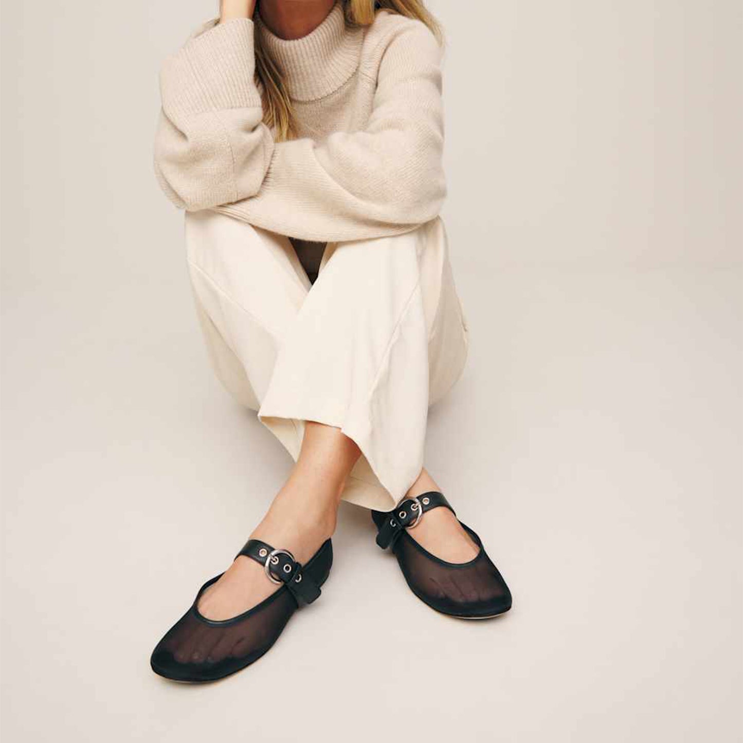 Black Mesh Square-Toe Classic Buckle Bridge Strap Ballet Flats