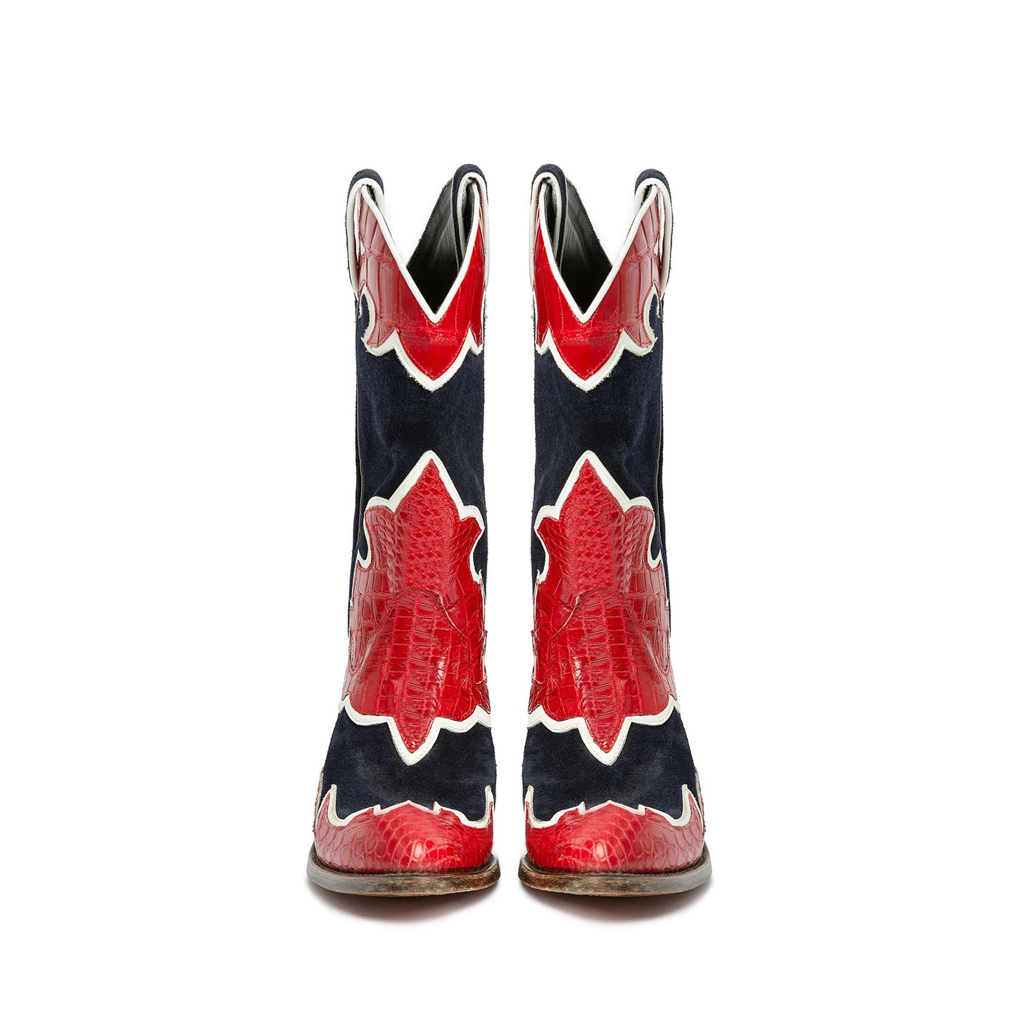 Contrast Tri-Colors Crocodile Print Vegan Leather And Faux Suede Round-Toe Inlays Mid Calf Cowgirl Boots
