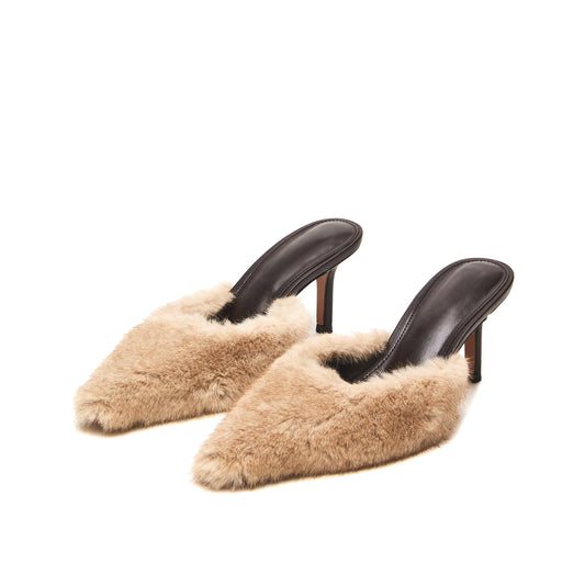 Tan Plush Pointed-Toe Slip-On High Heels