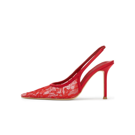 Red Lace Mesh Pointed-Toe Classic Satin Slingback High Heels