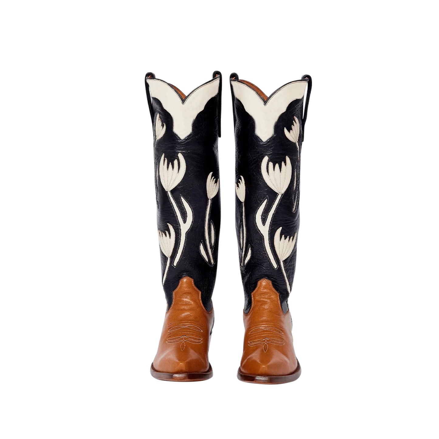 Contrast Black And Brown Snip-Toe Tulip Inlay Wide Calf Knee High Cowgirl Boots