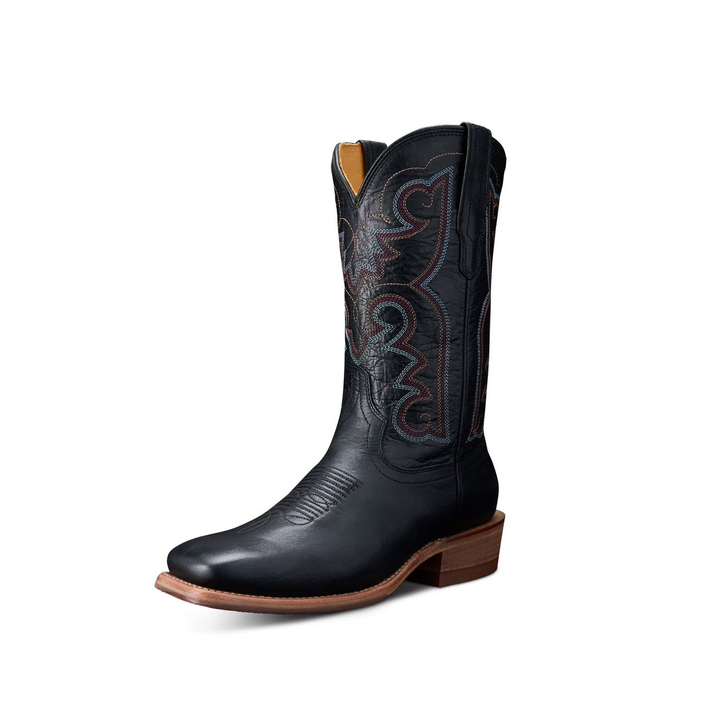 Black Square-Toe Western Embroidery Mid Calf Cowgirl Boots
