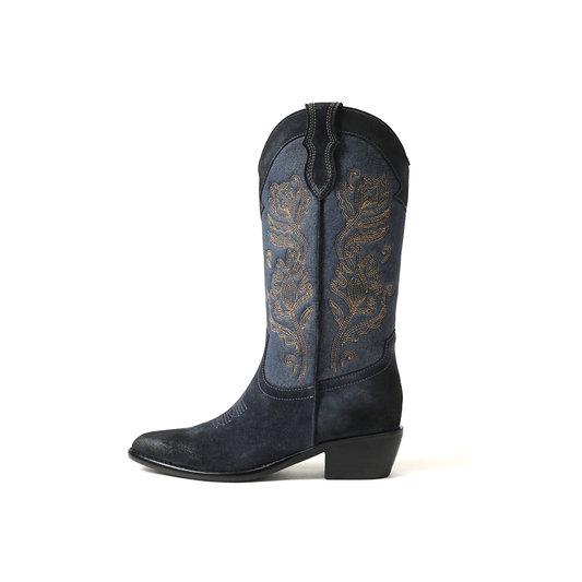 Blue Denim Almond-Toe Flowers Embroidery Mid Calf Cowgirl Boots