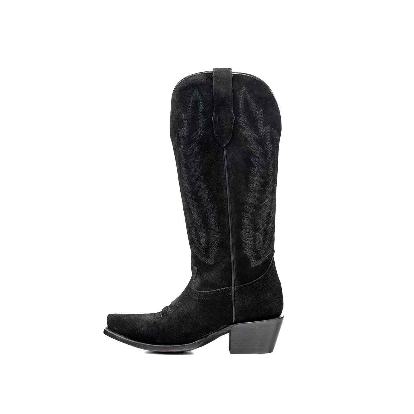 Black Faux Suede Snip-Toe Half-Zip Embroidery Mid Calf Cowgirl Boots