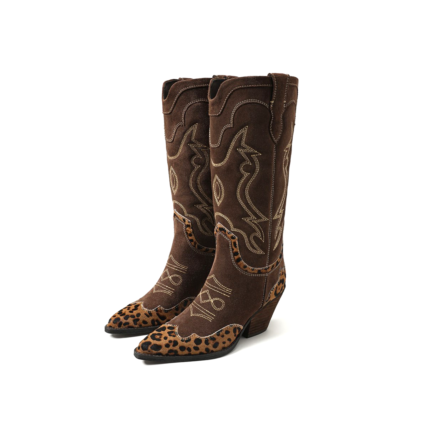 Contrast Brown And Leopard Pointed-Toe Embroidery Wide Calf Knee High Cowgirl Boots