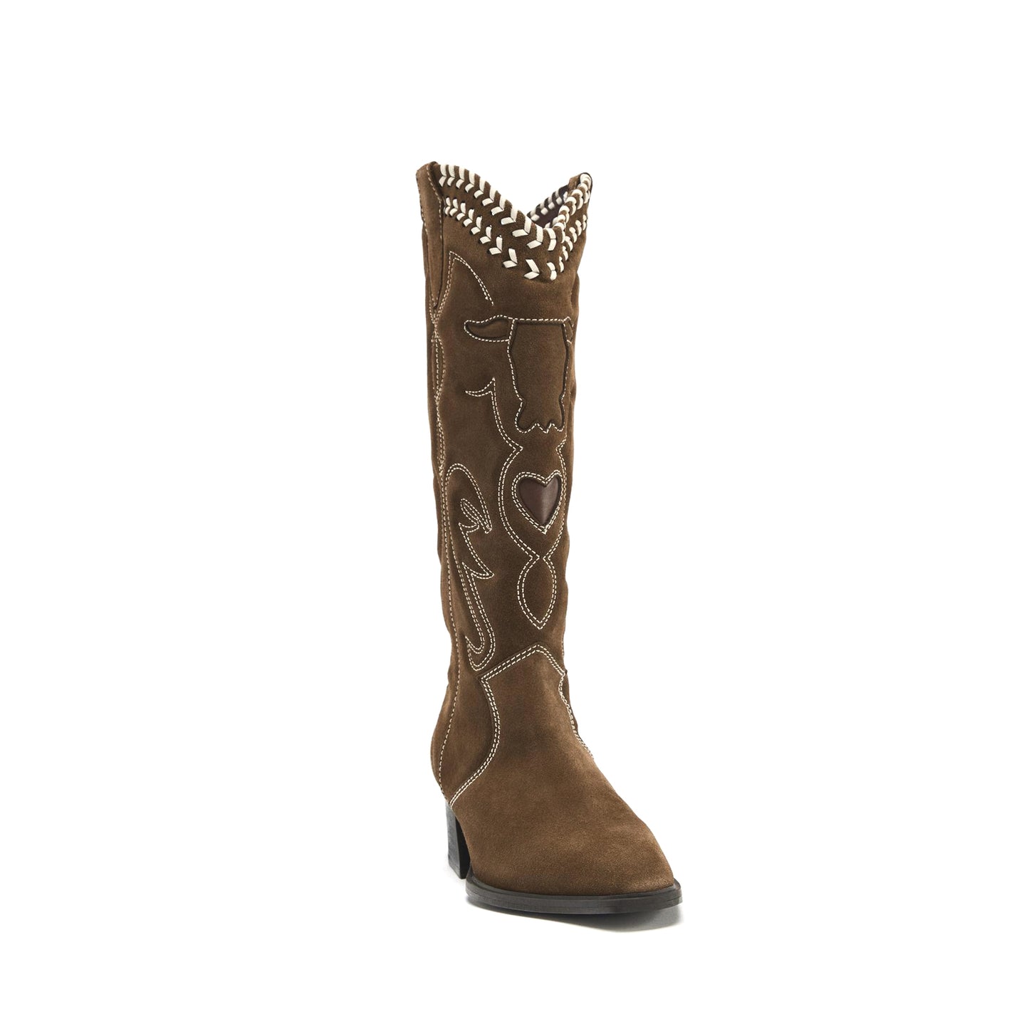 Brown Embroidery Tauren And Heart Inlay Running Lace Stitch Knee High Cowgirl Boots