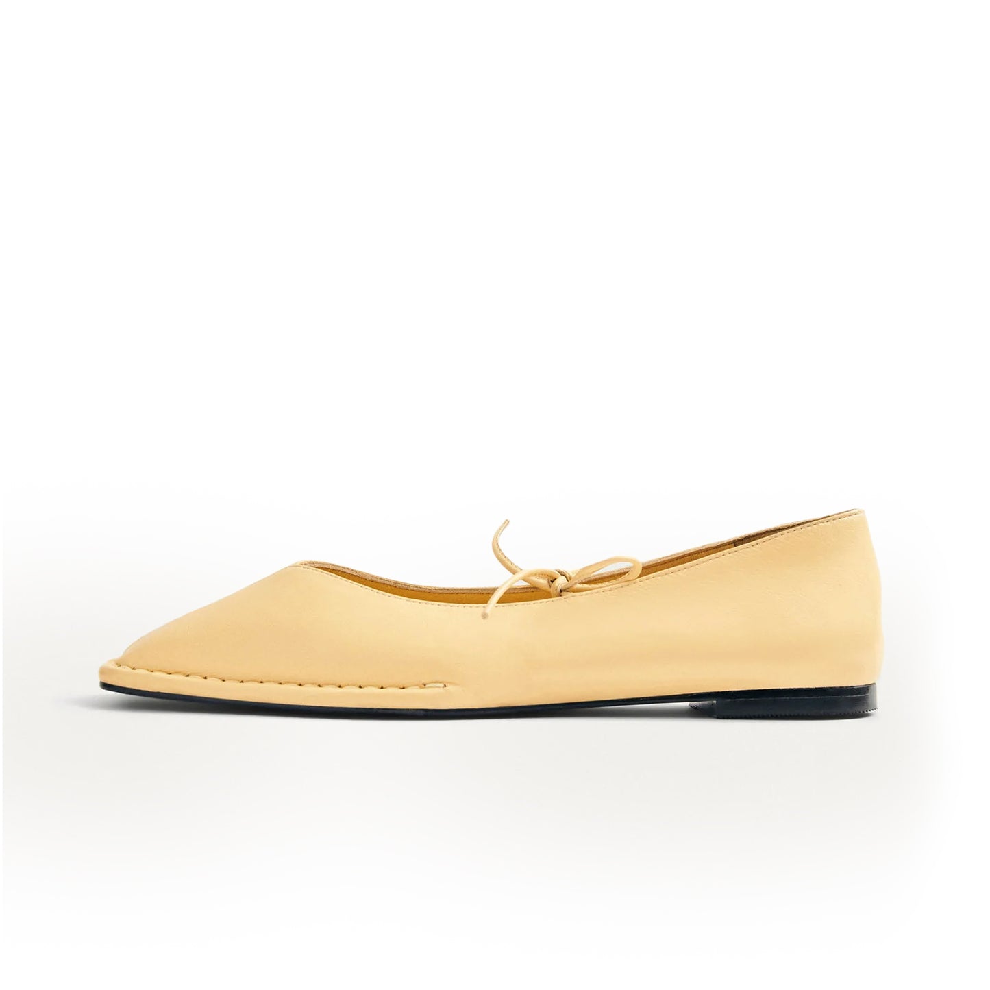 Yellow Square-Toe V-Cut Vamps Bridge Self-Tie Bow Ballet Flats