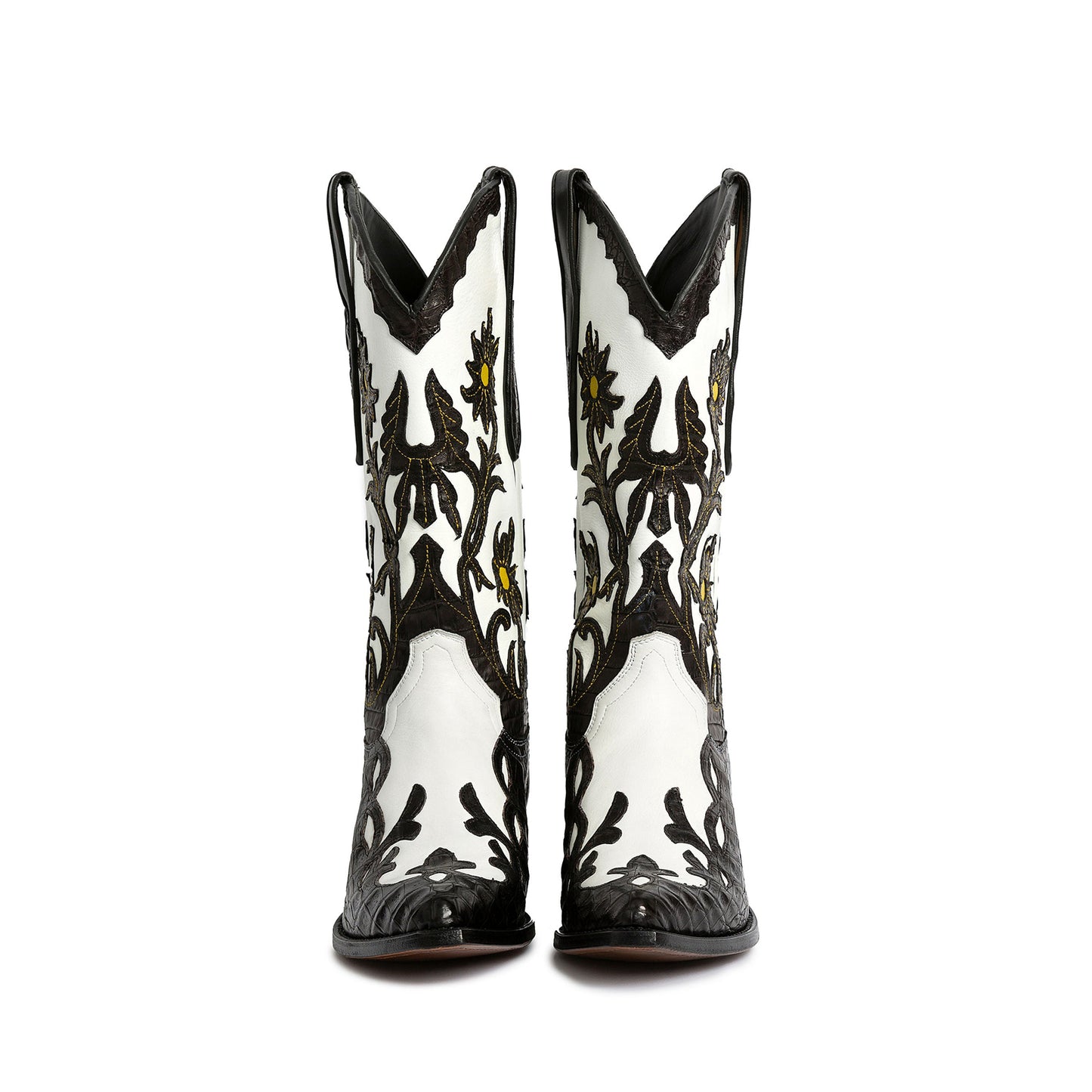 White Almond-Toe Flowers And Crocodile Print Appliques Mid Calf Cowgirl Boots