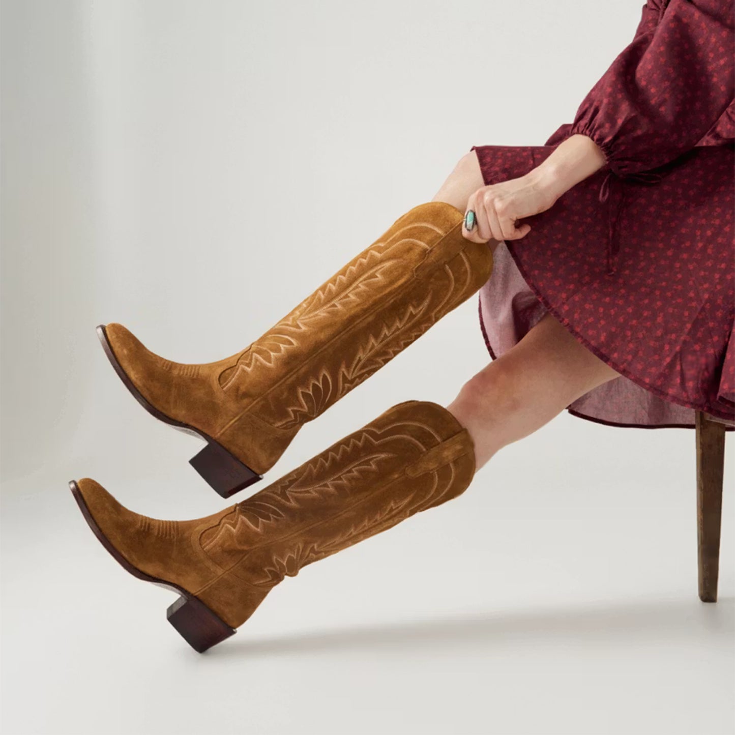 Brown Faux Suede Almond-Toe Embroidery Wide Calf Knee High Cowgirl Boots