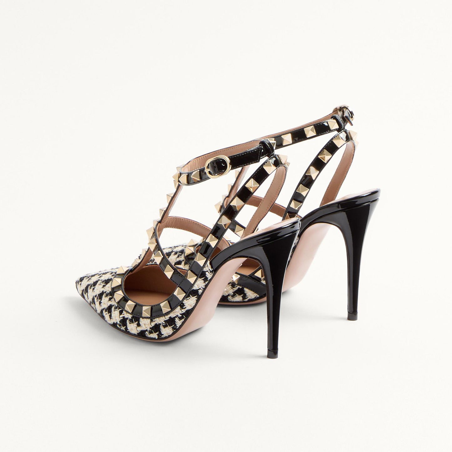 Plaid Cloth Pointed-Toe Studded Strappy Slingback High Heels