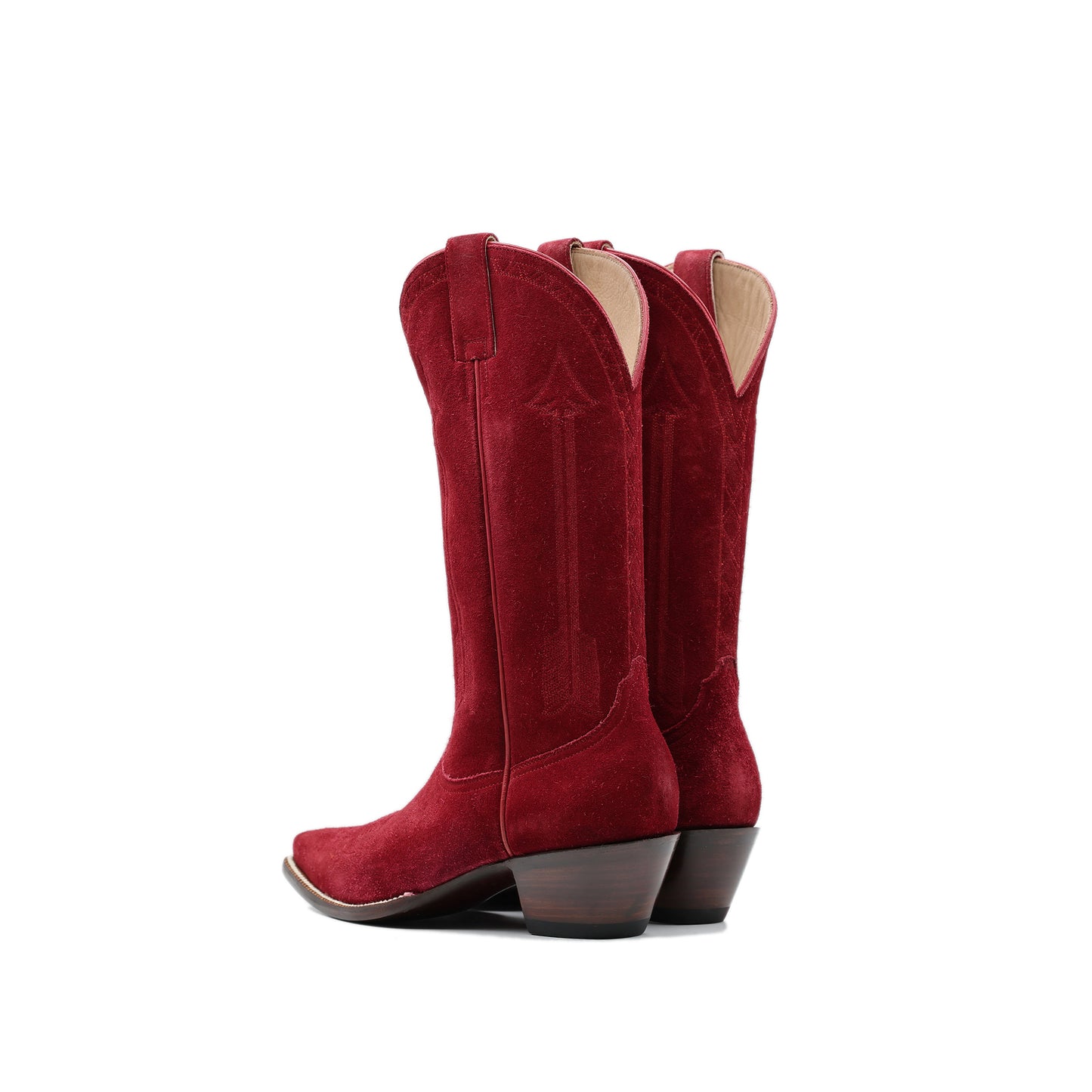 Red Faux Suede Snip-Toe Arrow Embroidery Mid Calf Cowgirl Boots