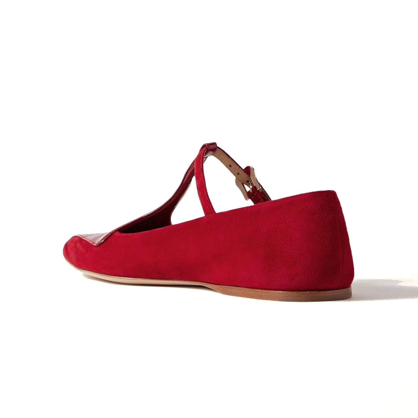 Red Contrast Patent Leather And Faux Suede Pointed-Toe Mary Jane Flats