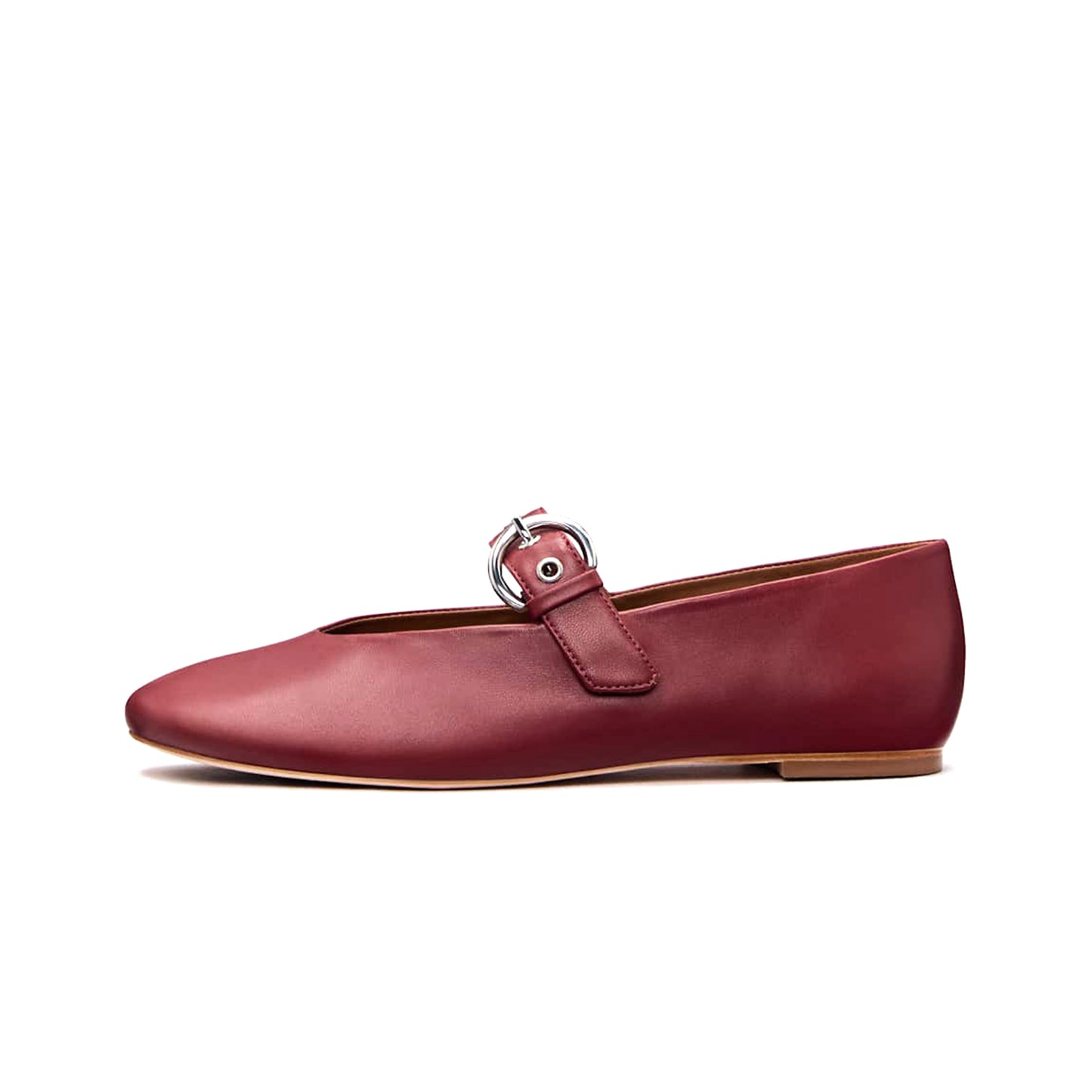 Brick Red Square-Toe Classic Buckle Bridge Strap Ballet Flats