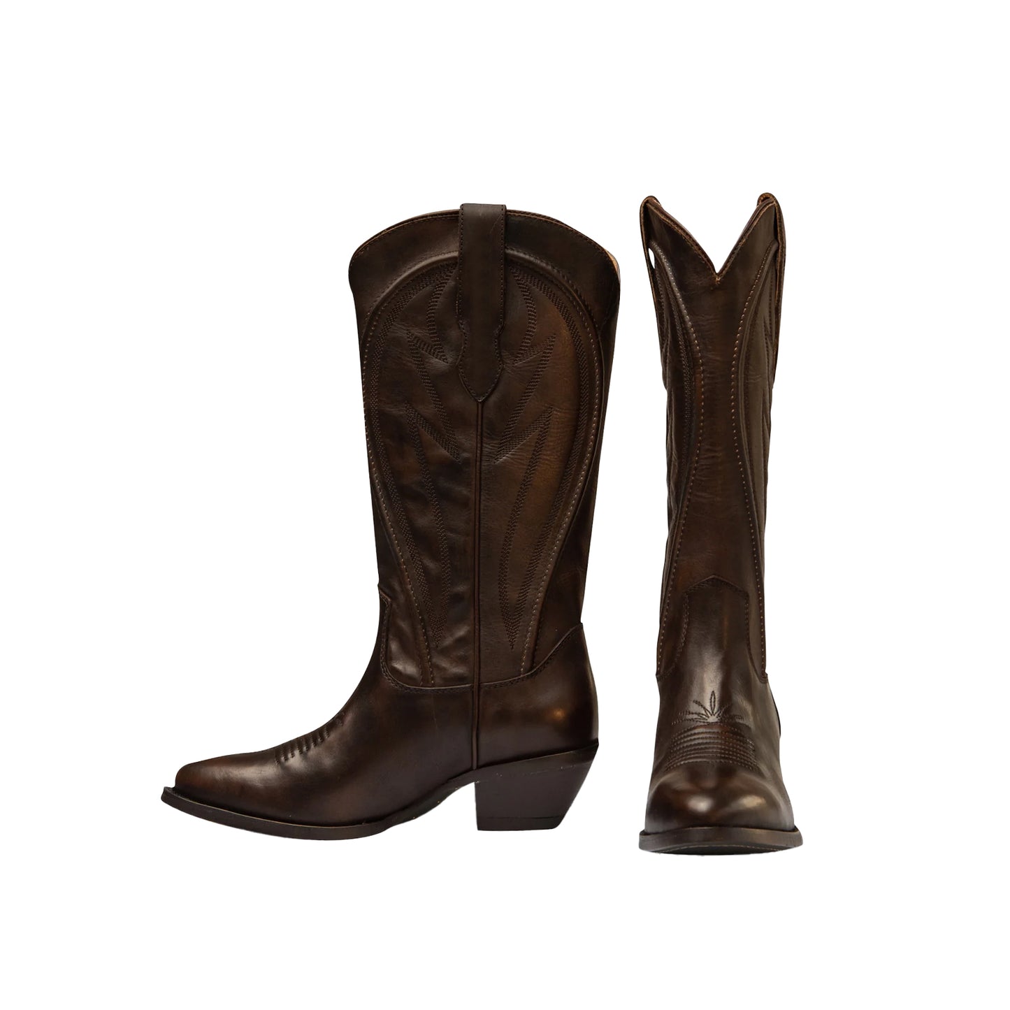 Dark Honey Almond-Toe Mid Calf Simple Embroidery Cowgirl Boots