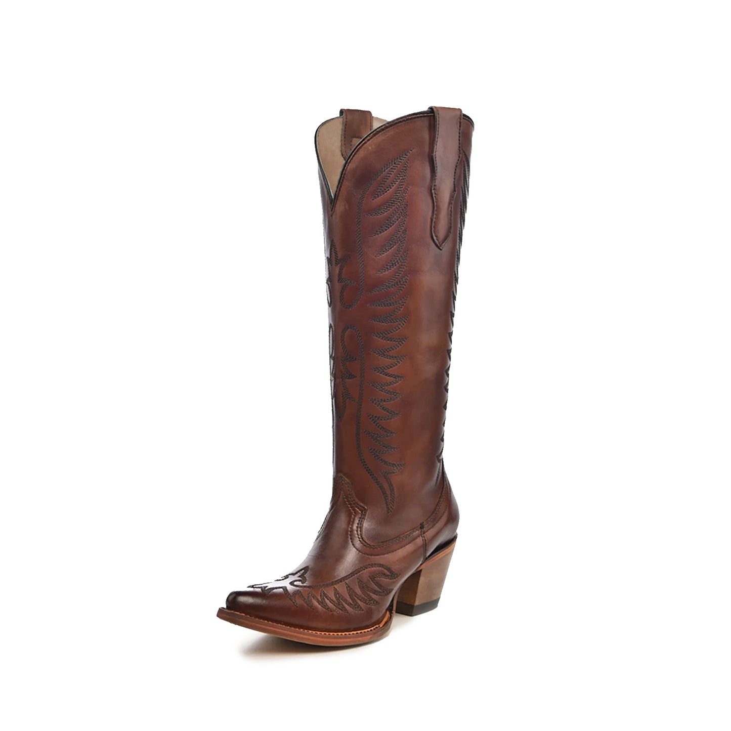 Cognac Almond-Toe Embroidery Wide Calf Knee High Cowgirl Boots
