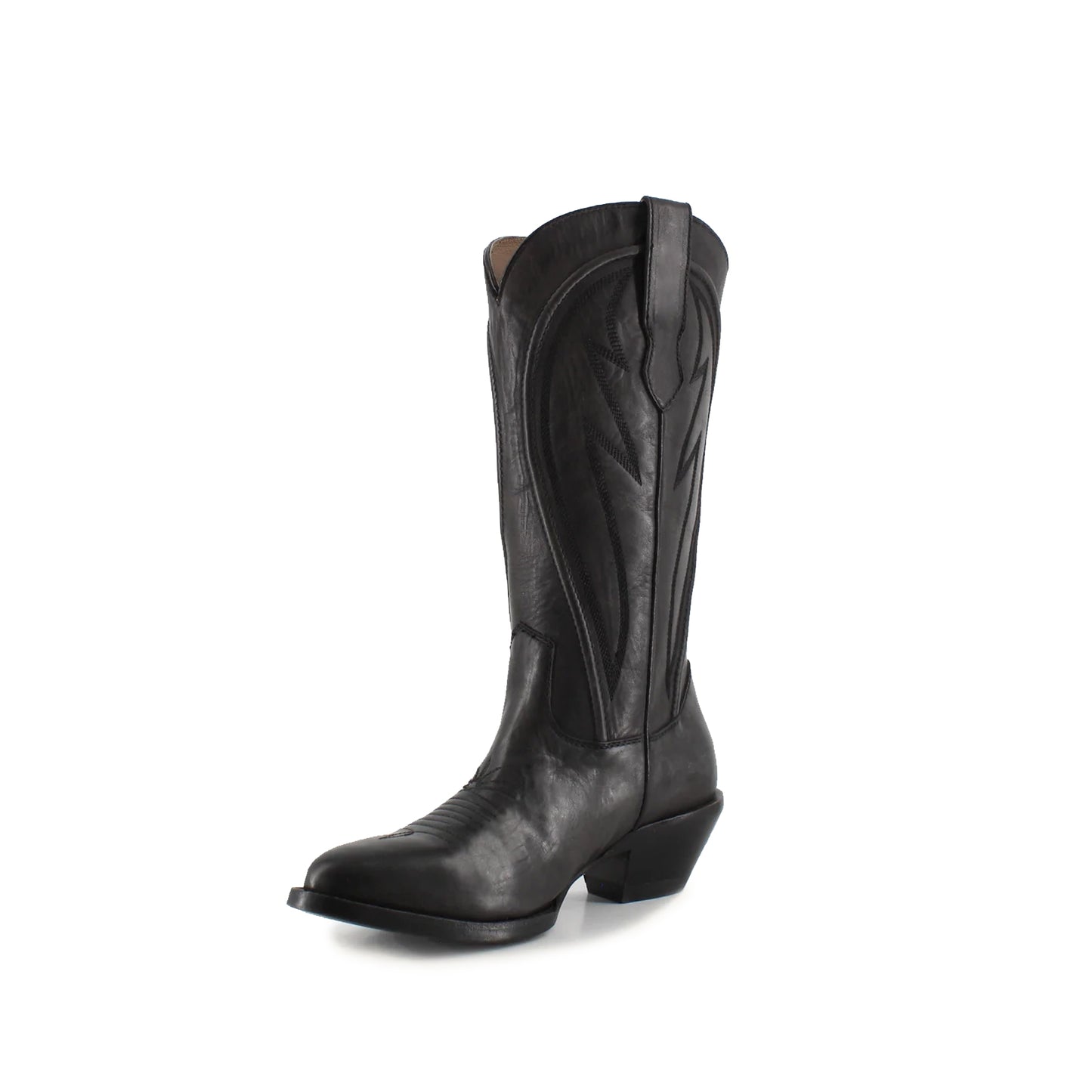Black Almond-Toe Mid Calf Simple Embroidery Cowgirl Boots