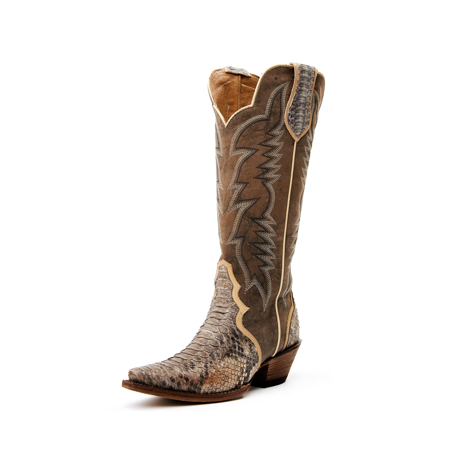 Contrast Brown and Snakeskin Snip-Toe Embroidery Wide Calf Knee High Cowgirl Boots