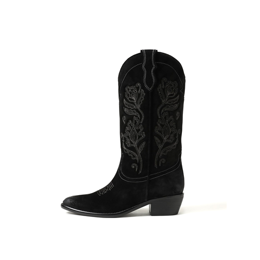 Black Faux Suede Almond-Toe Flowers Embroidery Mid Calf Cowgirl Boots