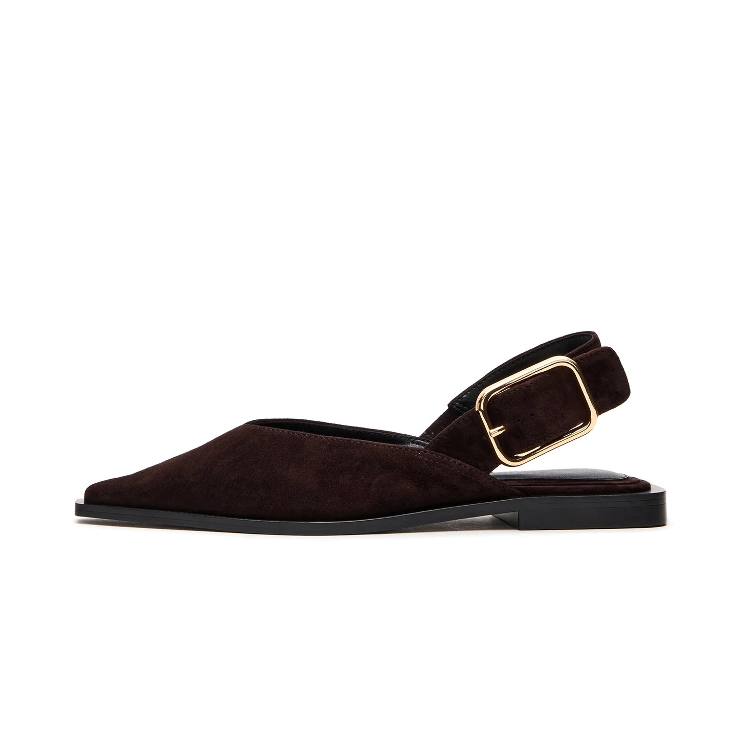 Brown Faux Suede Pointed-Toe Slingback Buckle Flats