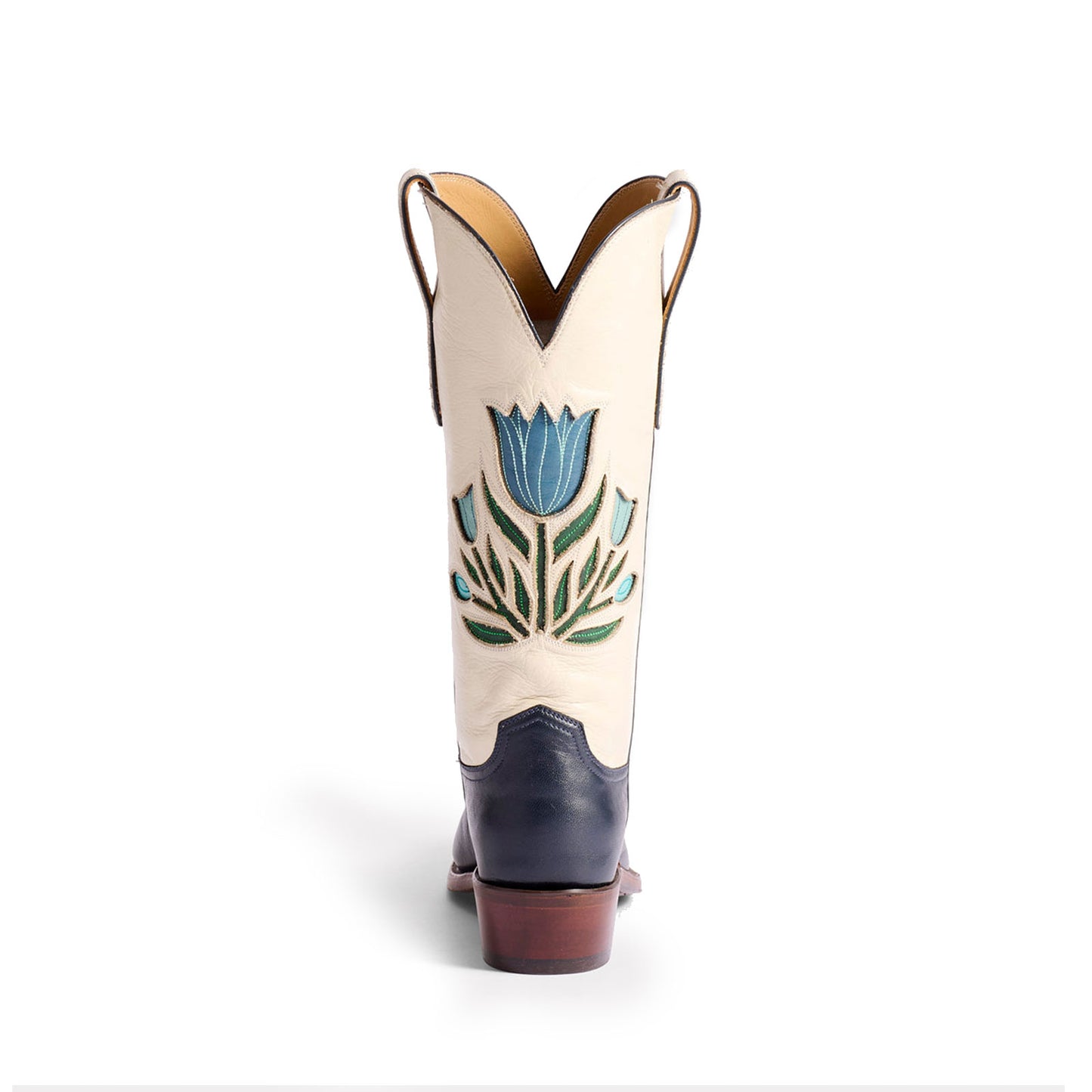 Contrast Cream And Navy Snip-Toe Colorful Tulips Inlay Mid Calf Cowgirl Boots