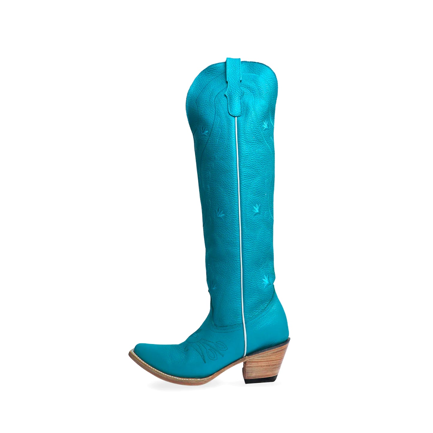 Sky Blue Snip-Toe Wide Calf Embroidery Knee High Cowgirl Boots
