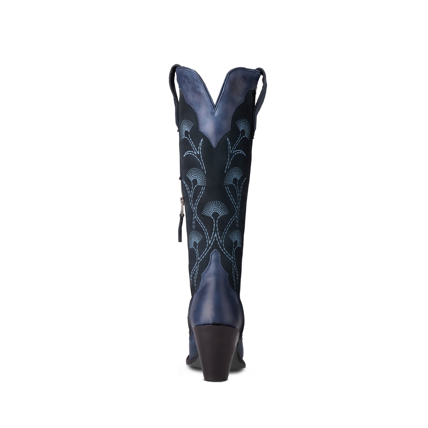 Navy Contrast Faux Suede And Vegan Leather Snip-Toe Floral Embroidery Half-Zip Knee High Cowgirl Boots