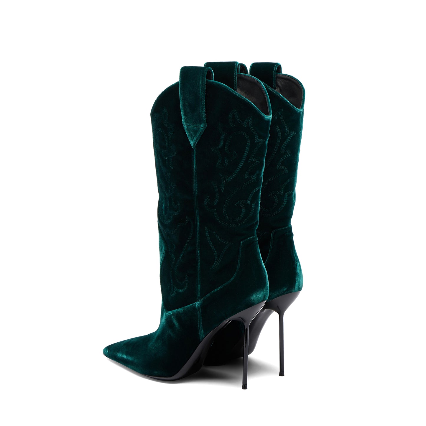 Dark Blue Velvet Pointed-Toe Embroidery Chic Mid Calf Stiletto Boots