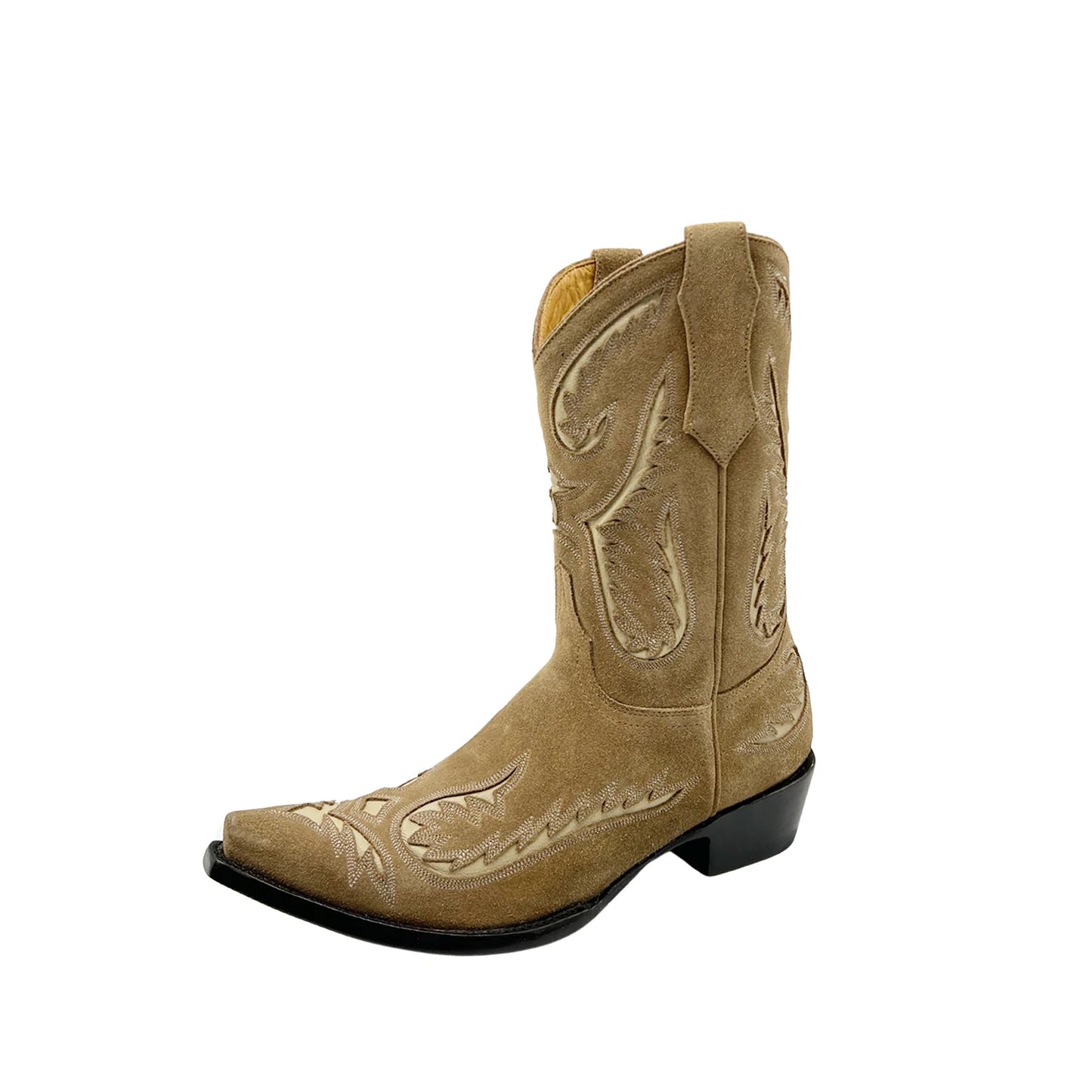 Brown Faux Suede Snip-Toe Inlays Mid Calf Cowgirl Boots