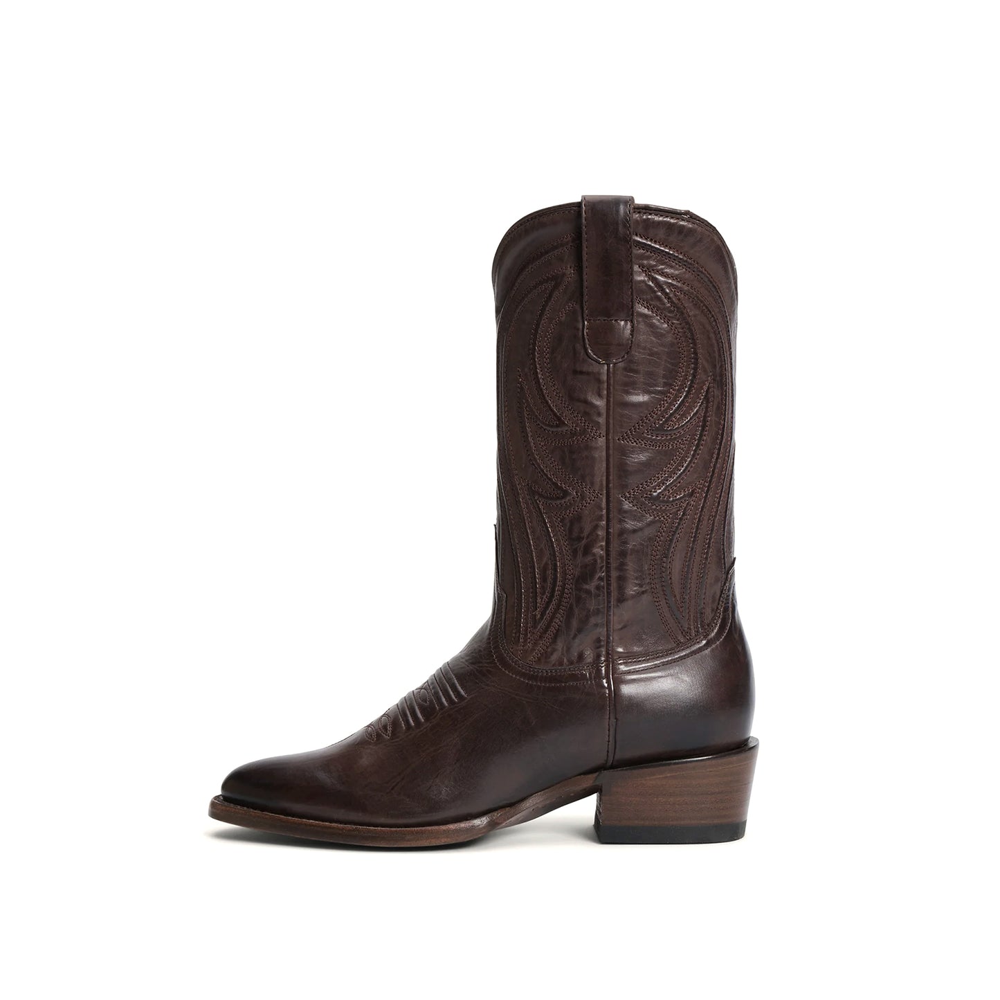 Chocolate Almond-Toe Embroidery Classic Mid Calf Cowgirl Boots