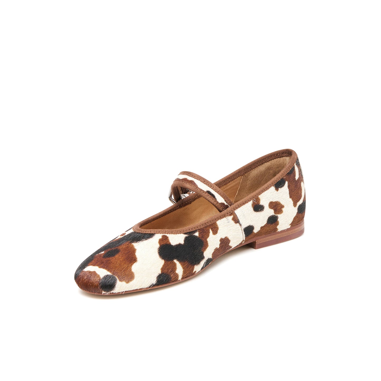Cow Print Pony Hair Vegan Leather Round-Toe Bridge Strap Ballet Flats