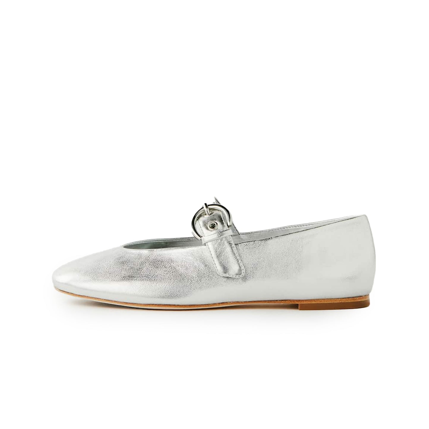 Metallic Silver Square-Toe Classic Buckle Bridge Strap Ballet Flats