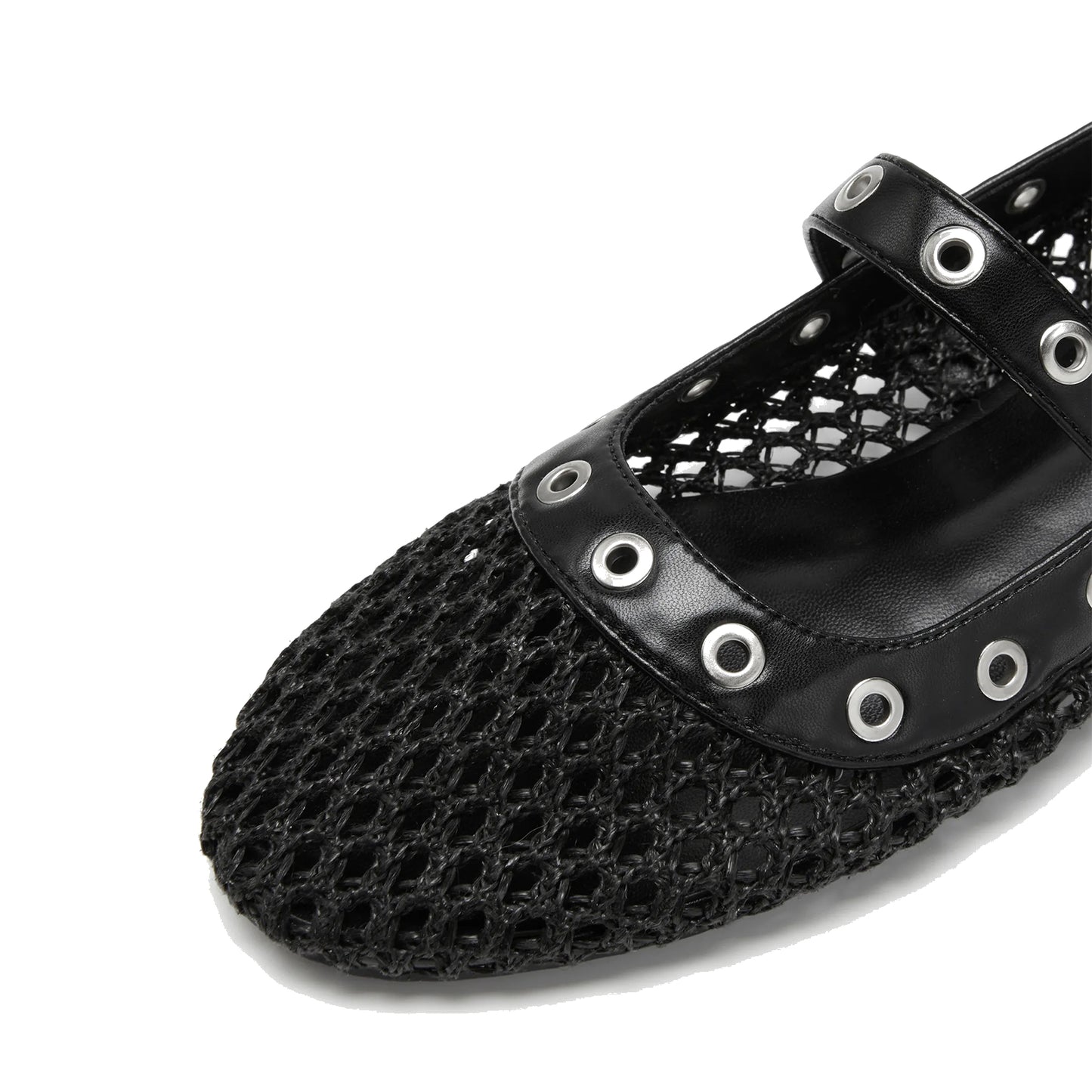 Black Woven Mesh And Vegan Leather Round-Toe Eyelets Mary Jane Flats