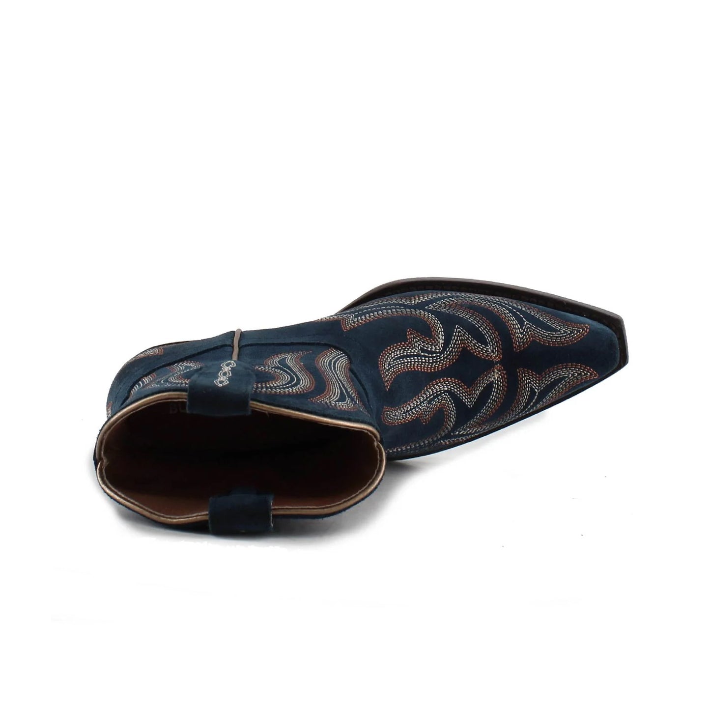 Dark Blue Faux Suede Snip-Toe Embroidery Ankle Cowgirl Boots