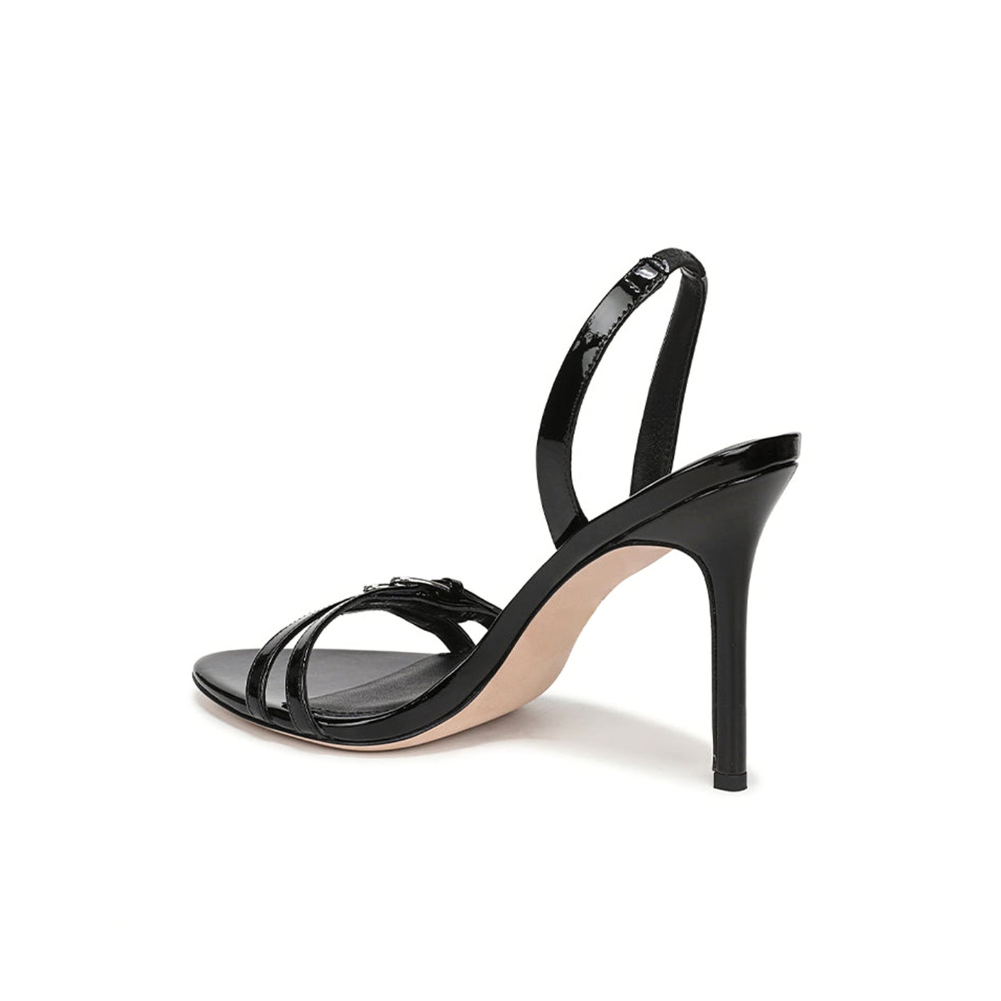 Patent Black Round-Toe Double Front Straps Slingback High Heels