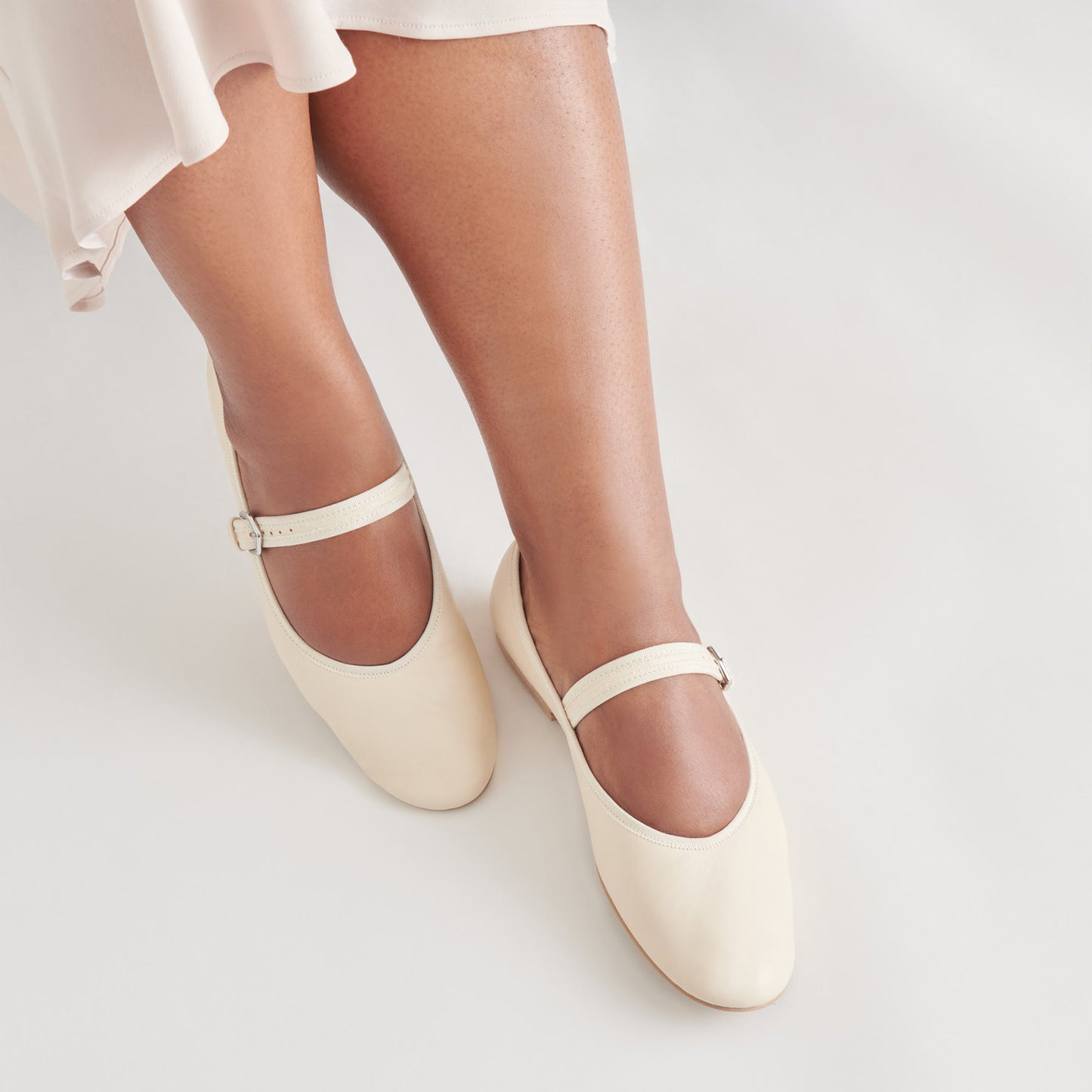 Cream Vegan Leather Round-Toe Bridge Strap Ballet Flats