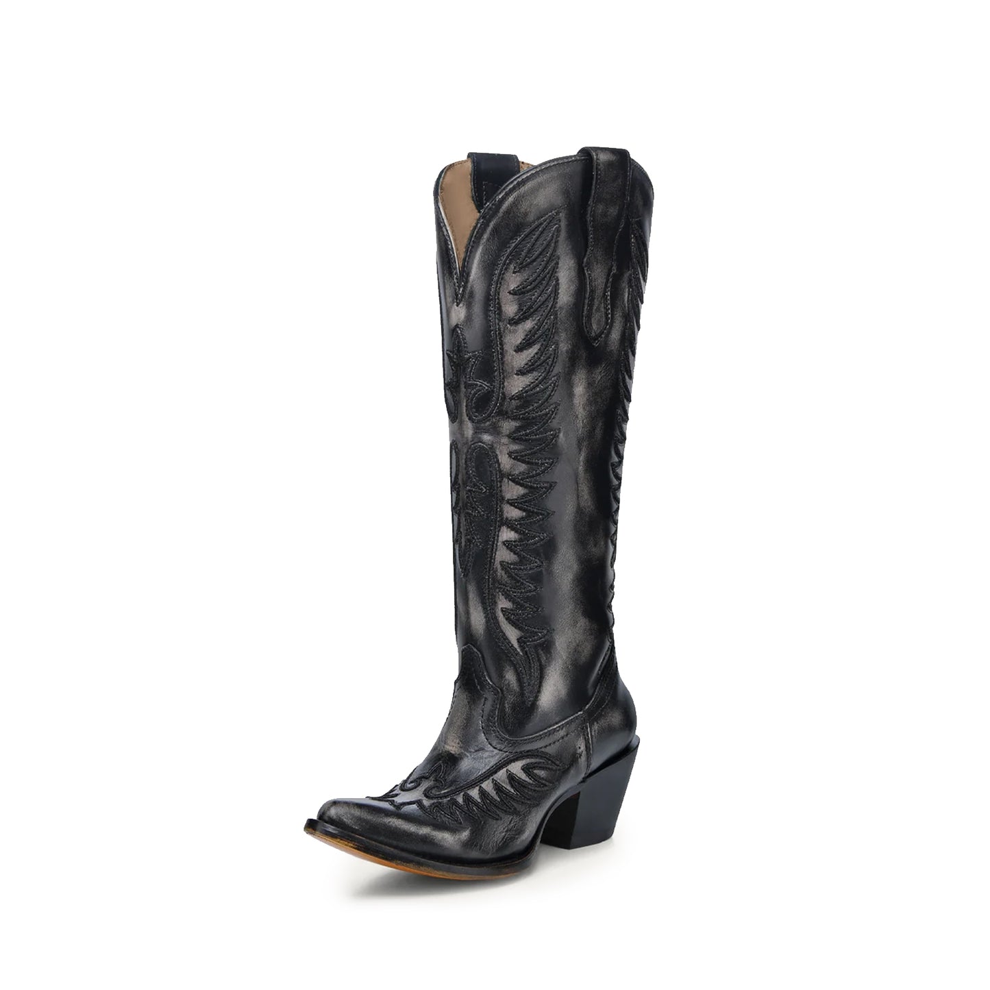Blacked Bone Almond-Toe Embroidery Wide Calf Knee High Cowgirl Boots
