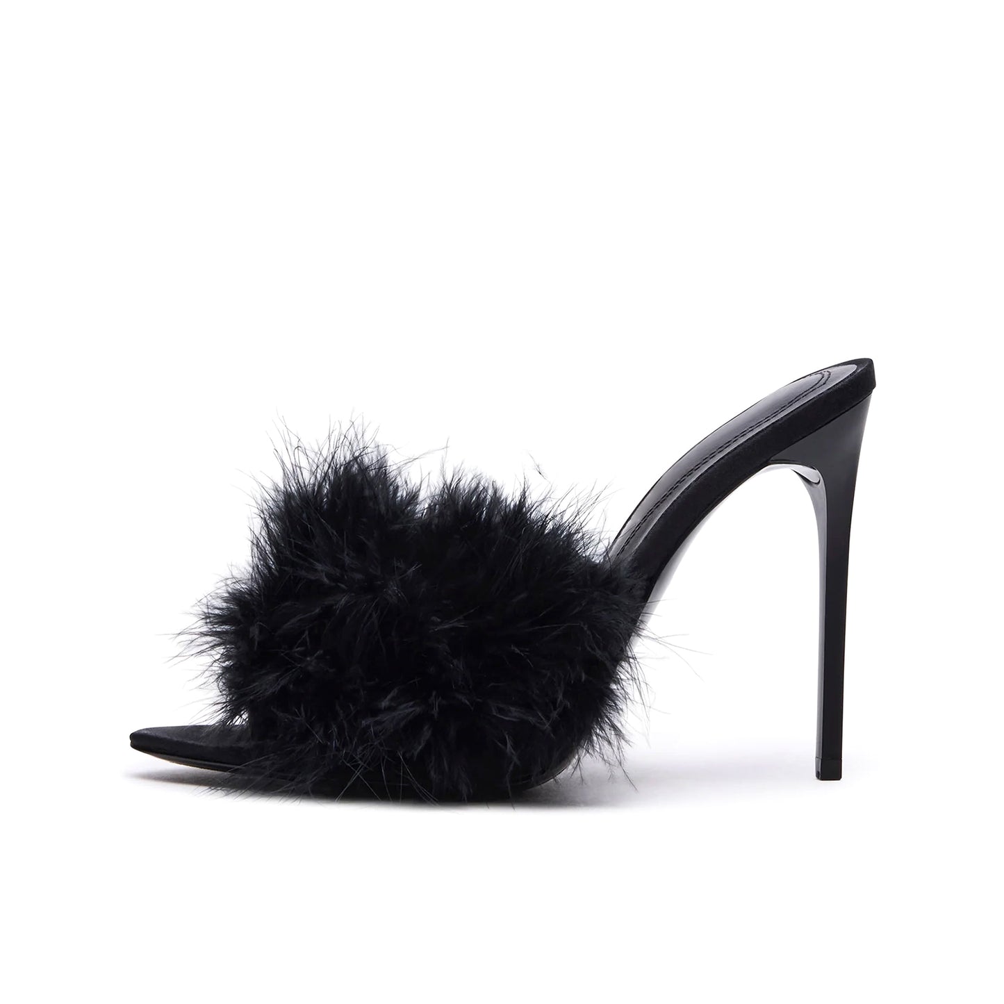 Black Pointed-Toe Front Plush Slip-On High Heels
