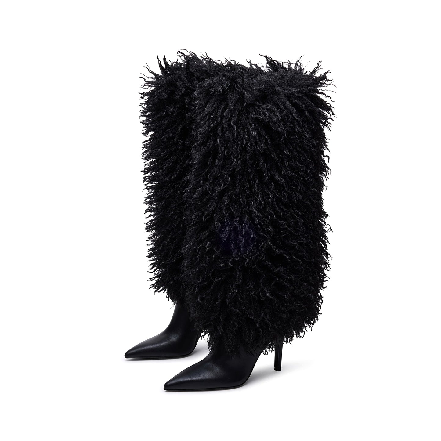 Black Pointed-Toe Full Plush Wide Calf Knee High Stiletto Boots