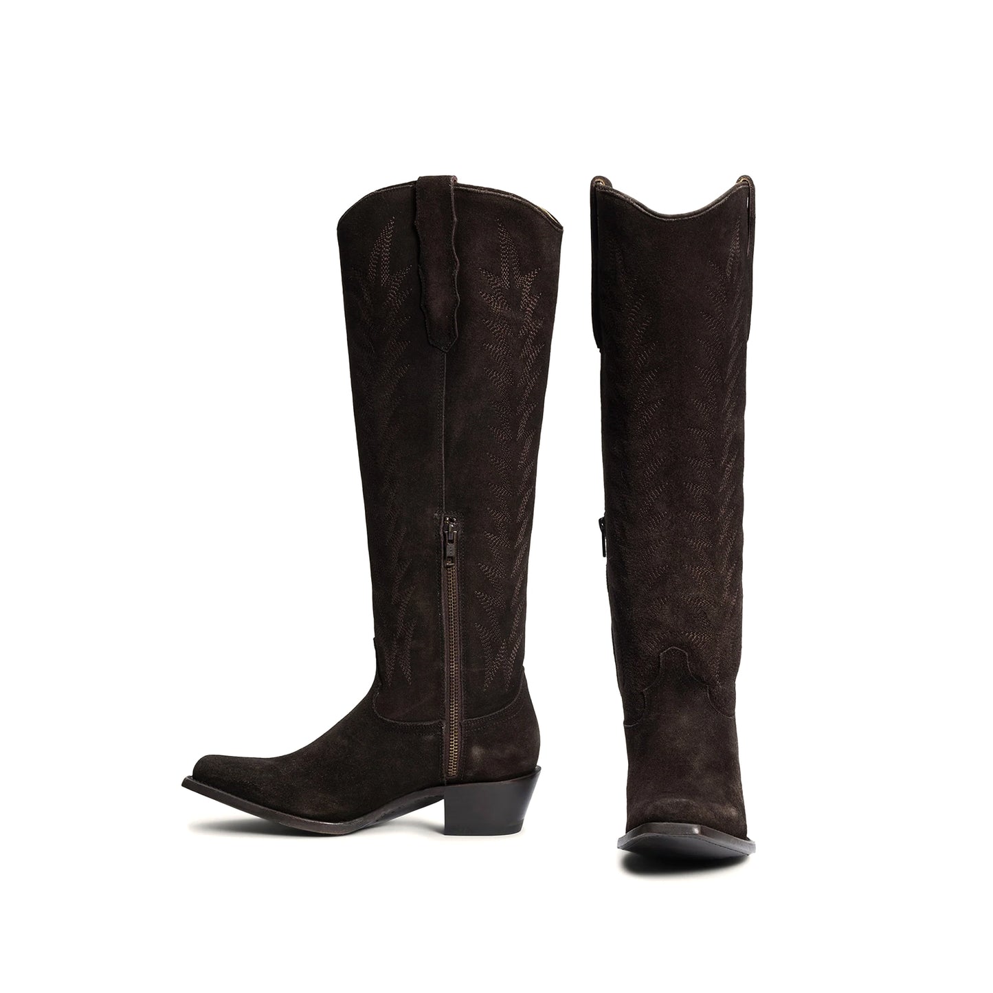 Brown Faux Suede Square-Toe Simple Embroidery Half-Zip Tall Knee High Cowgirl Boots