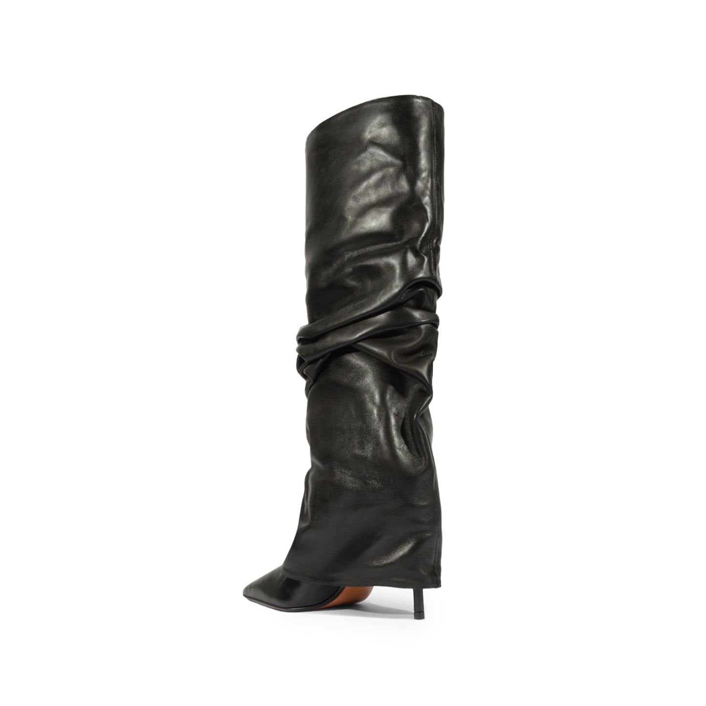 Black Pointed-Toe Tall Fold-Over Wide Calf Knee High Stiletto Boots