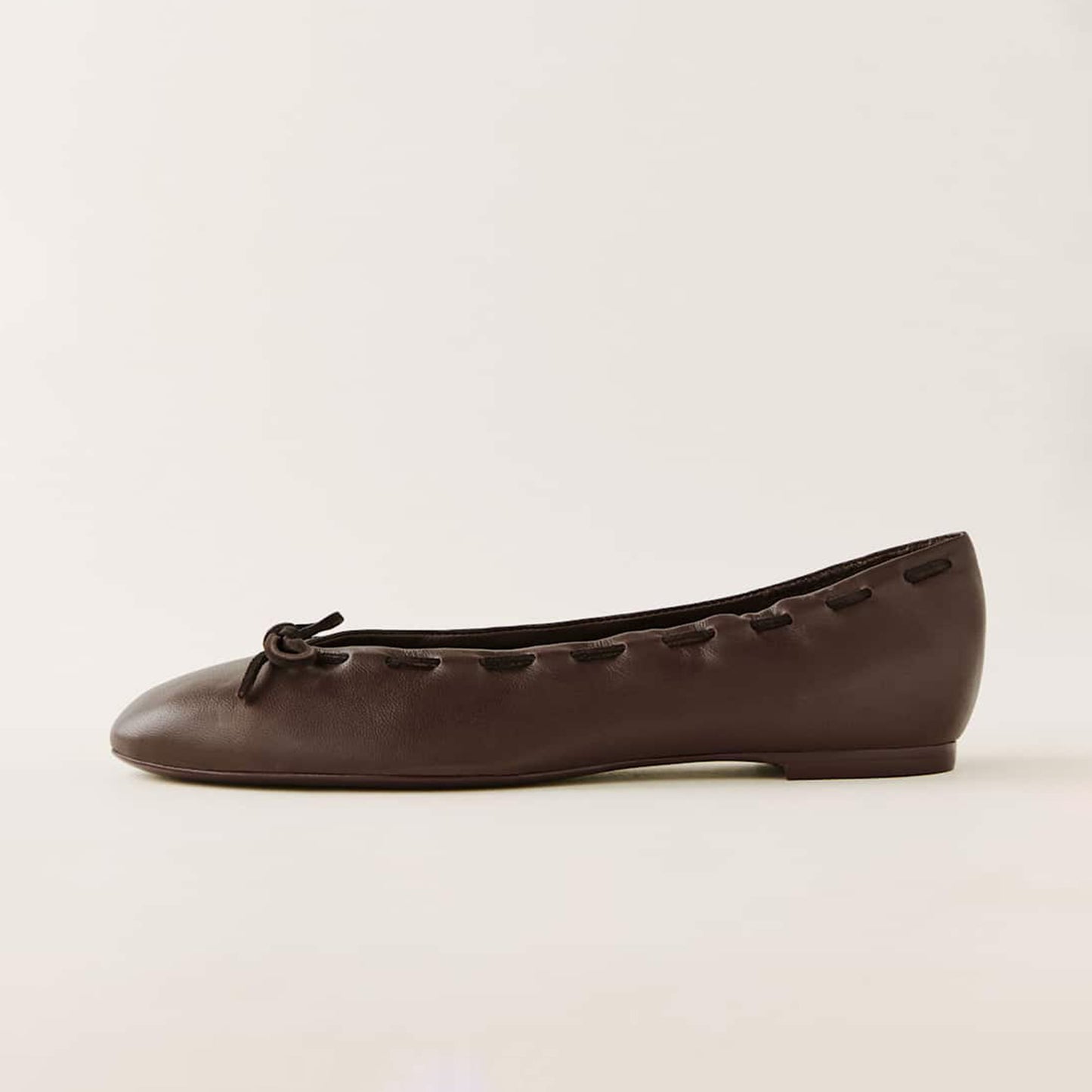 Coffee Round-Toe Running Stitch Front Bow Slip-On Ballet Flats