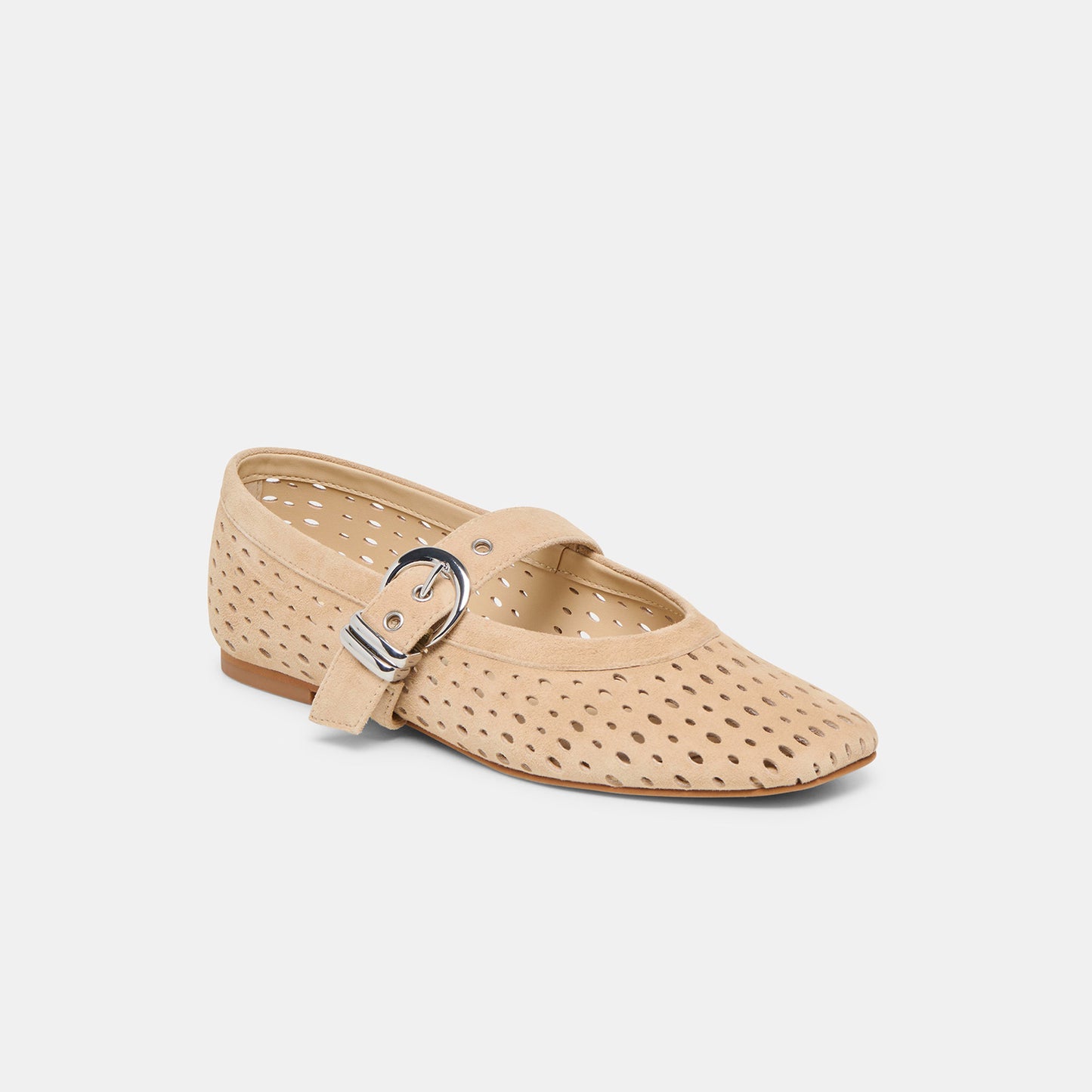 Camel Perforated Faux Suede Square-Toe Mary Janes Ballet Flats